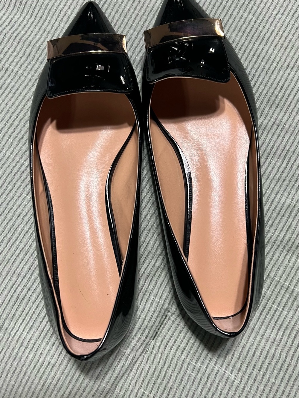 Black Patent Pointed Toe Ballet Flats with Metallic Accent